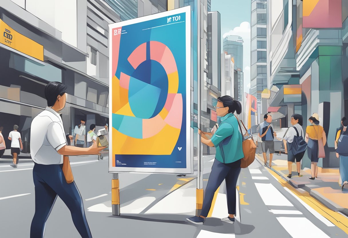 A person placing a PR campaign poster on a busy Singapore street