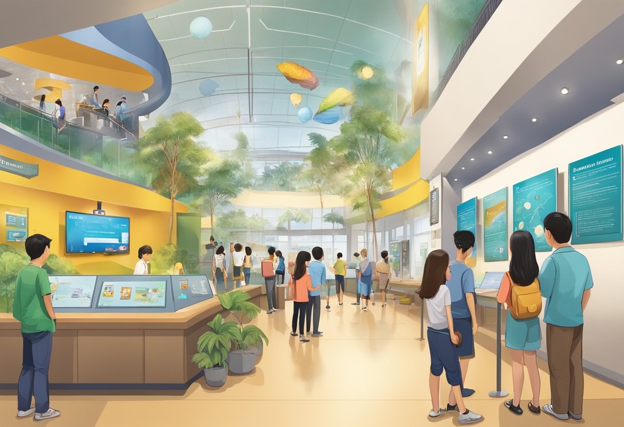 Visitors explore exhibits at Singapore Discovery Centre, reading FAQ signs and interactive displays