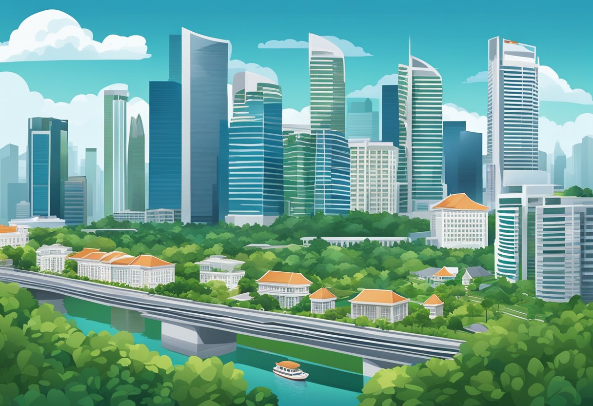 The iconic skyline of SGDI Singapore, with its towering skyscrapers and modern architecture, is set against a backdrop of lush greenery and a bustling cityscape