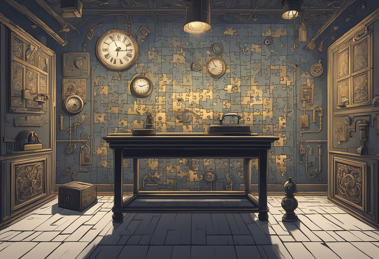 A dimly lit room with intricate puzzles and locks. Mysterious symbols adorn the walls. A timer ticks down, adding to the tension