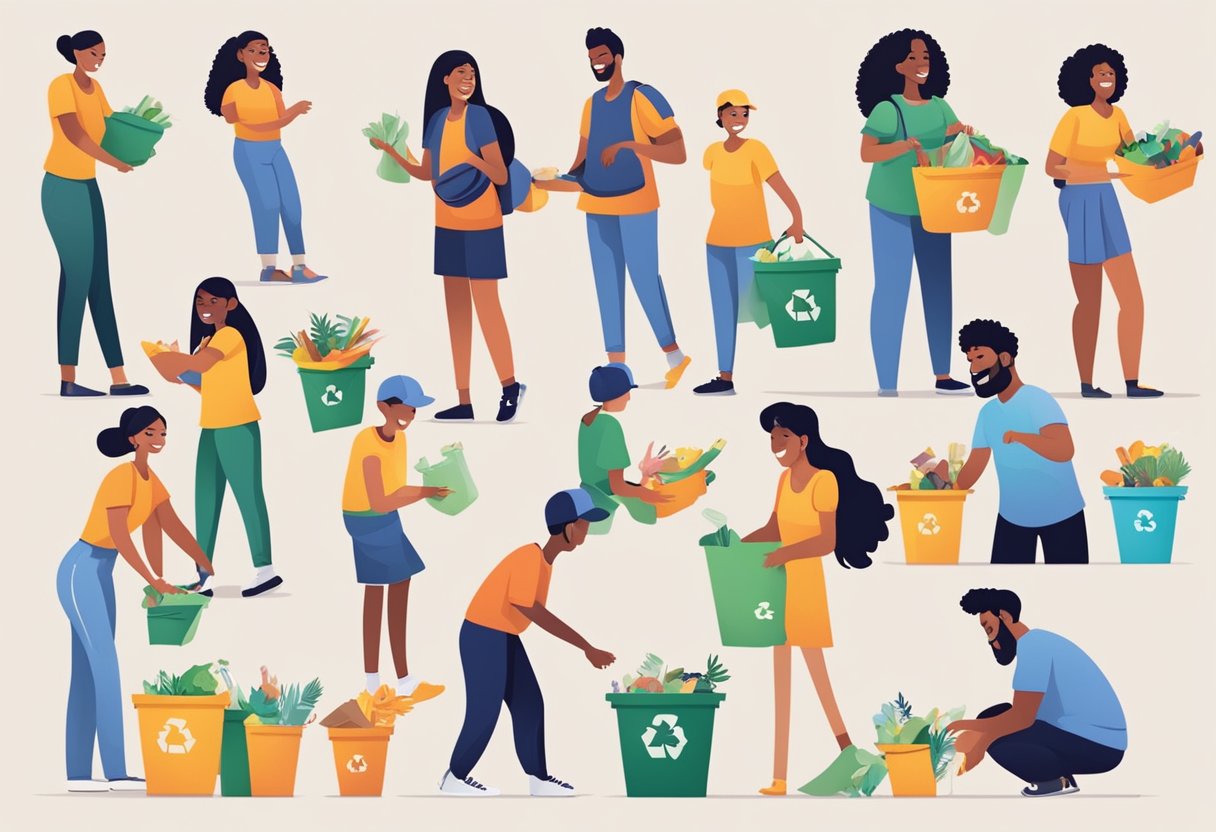 A group of diverse people smiling and helping each other in various ways, such as picking up trash, sharing food, and offering assistance