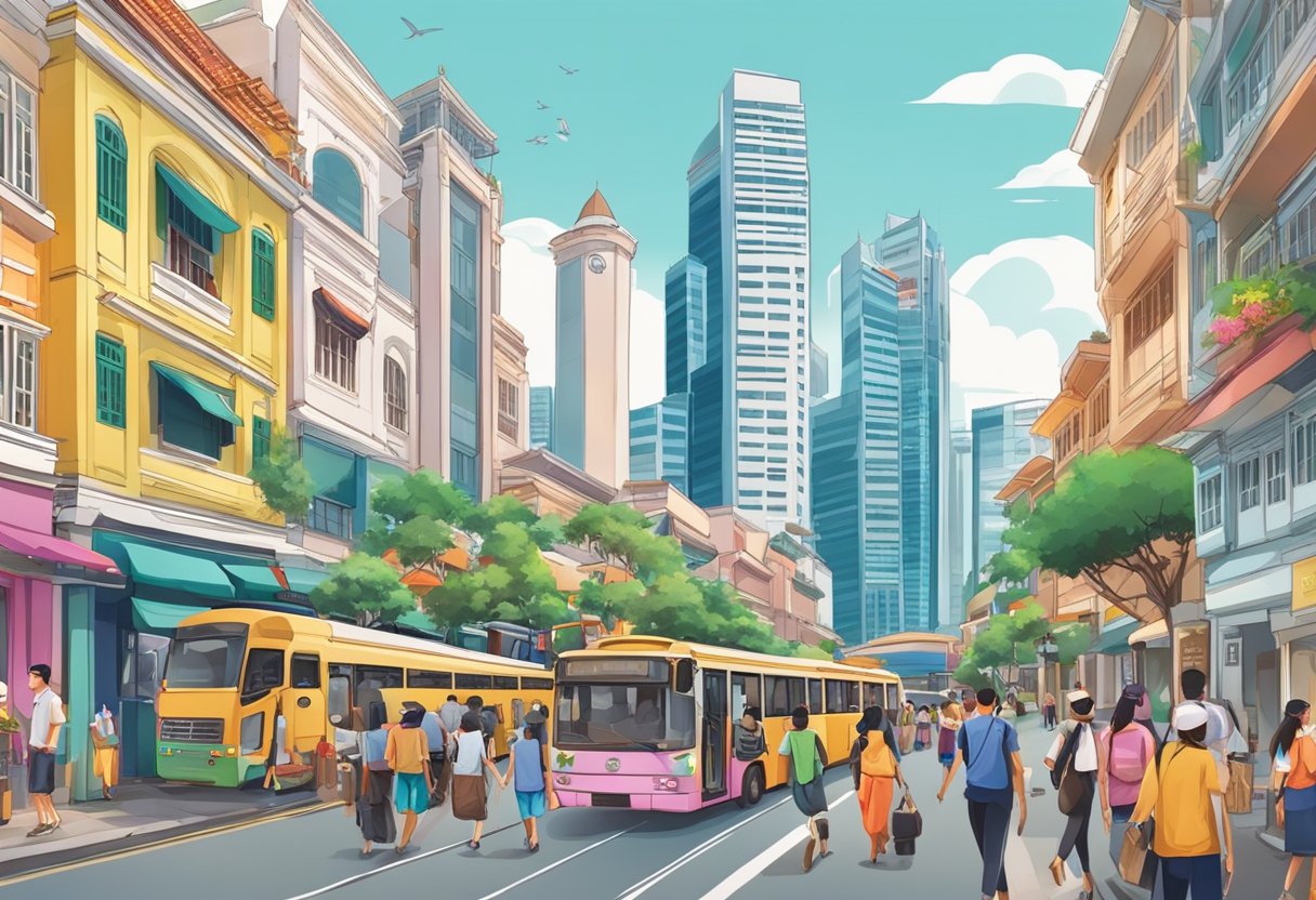 A bustling Singapore street with diverse people, colorful buildings, and iconic landmarks, showcasing the vibrant and multicultural lifestyle of a Singapore PR