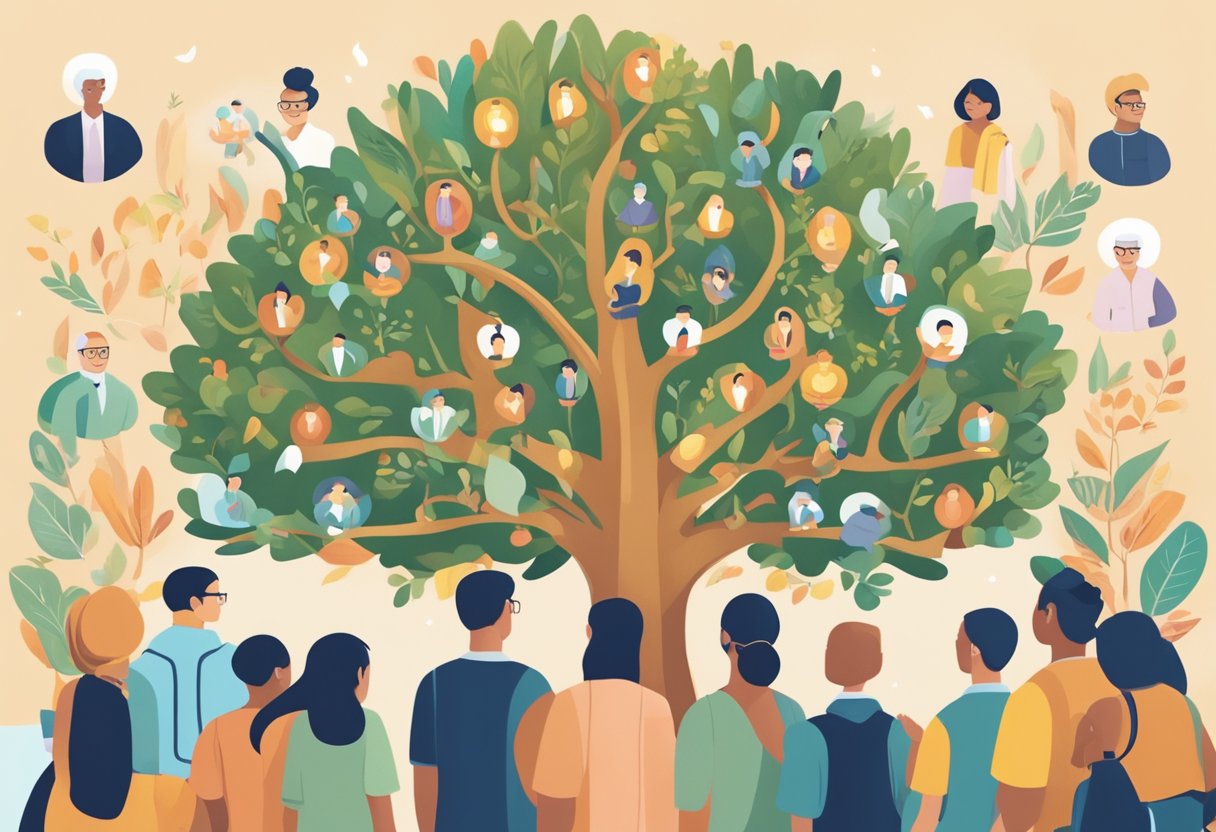 A diverse group of people gather around a symbolic tree, representing the growth and development of the Singapore Kindness Movement. Various cultural symbols and icons are displayed around the tree, showcasing the inclusivity and unity of the movement