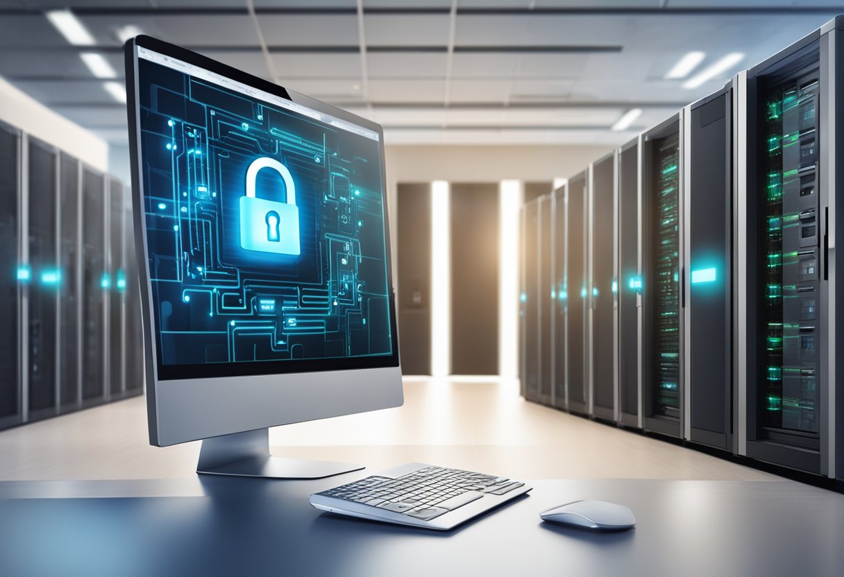 A digital lock secures a server room labeled "Digital Services and Security SGDI Singapore." A firewall icon glows on a computer screen