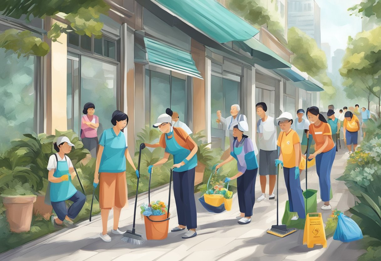 A group of diverse people engage in various acts of kindness, from helping the elderly to cleaning up public spaces, all under the banner of the Singapore Kindness Movement