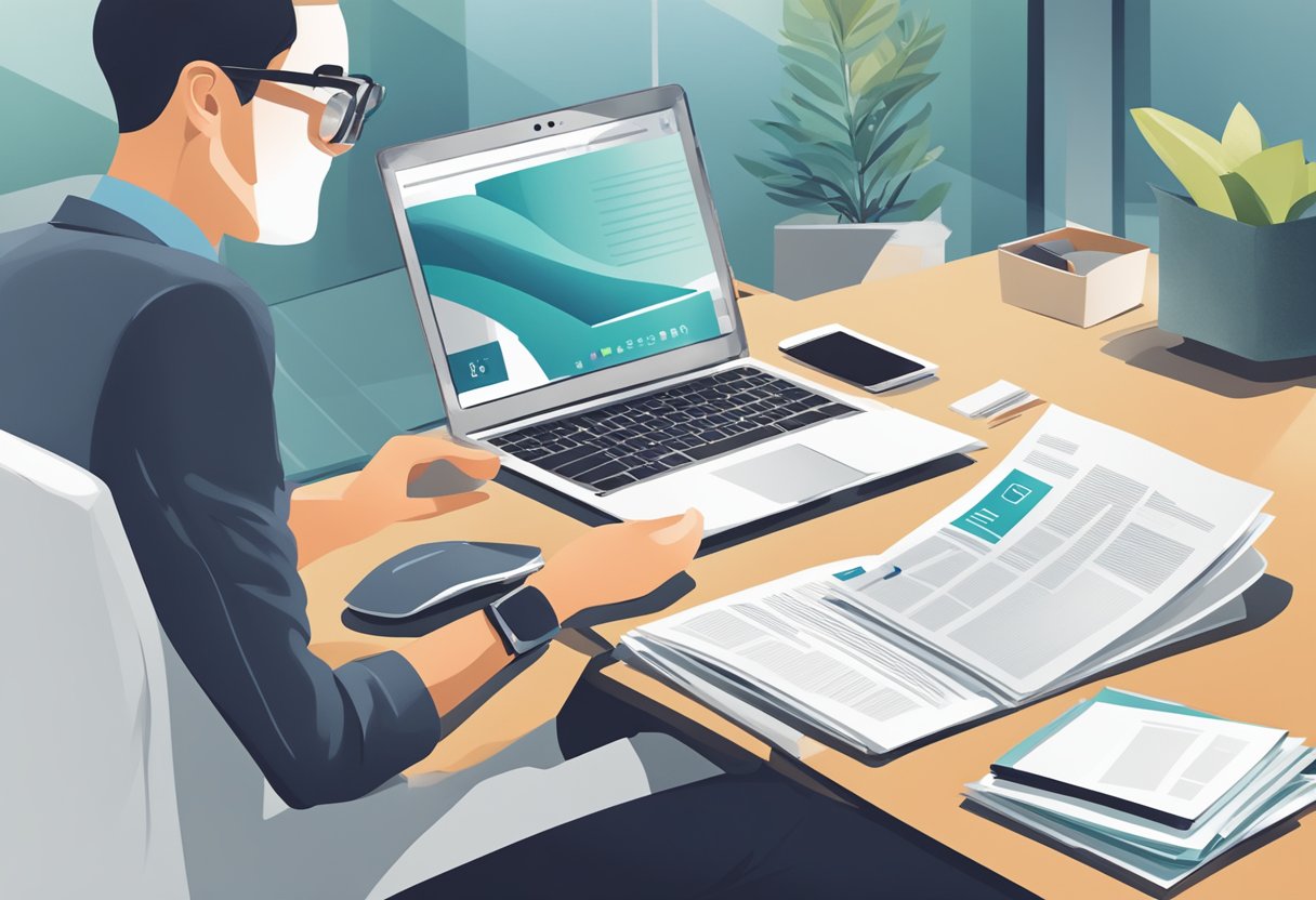 A person reading a brochure on applying PR in Singapore, with a laptop and official documents on a desk