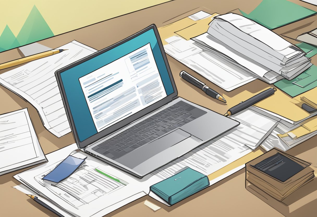 A table with a laptop, a stack of papers, and a pen. A sign with "Frequently Asked Questions sgdi singapore" displayed prominently