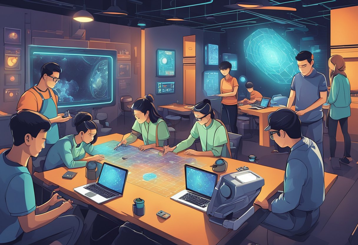 A group of people eagerly solve puzzles in a futuristic-themed escape room at Xcape Singapore, surrounded by high-tech gadgets and mysterious clues