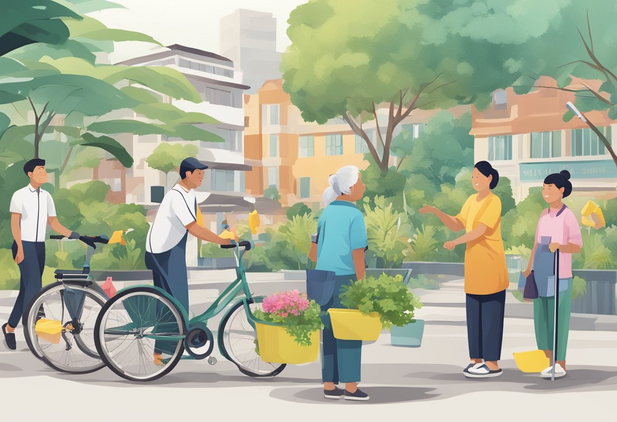 A diverse group of people engaging in acts of kindness, such as helping the elderly or cleaning up the environment, with the words "Frequently Asked Questions" and "Singapore Kindness Movement" displayed prominently