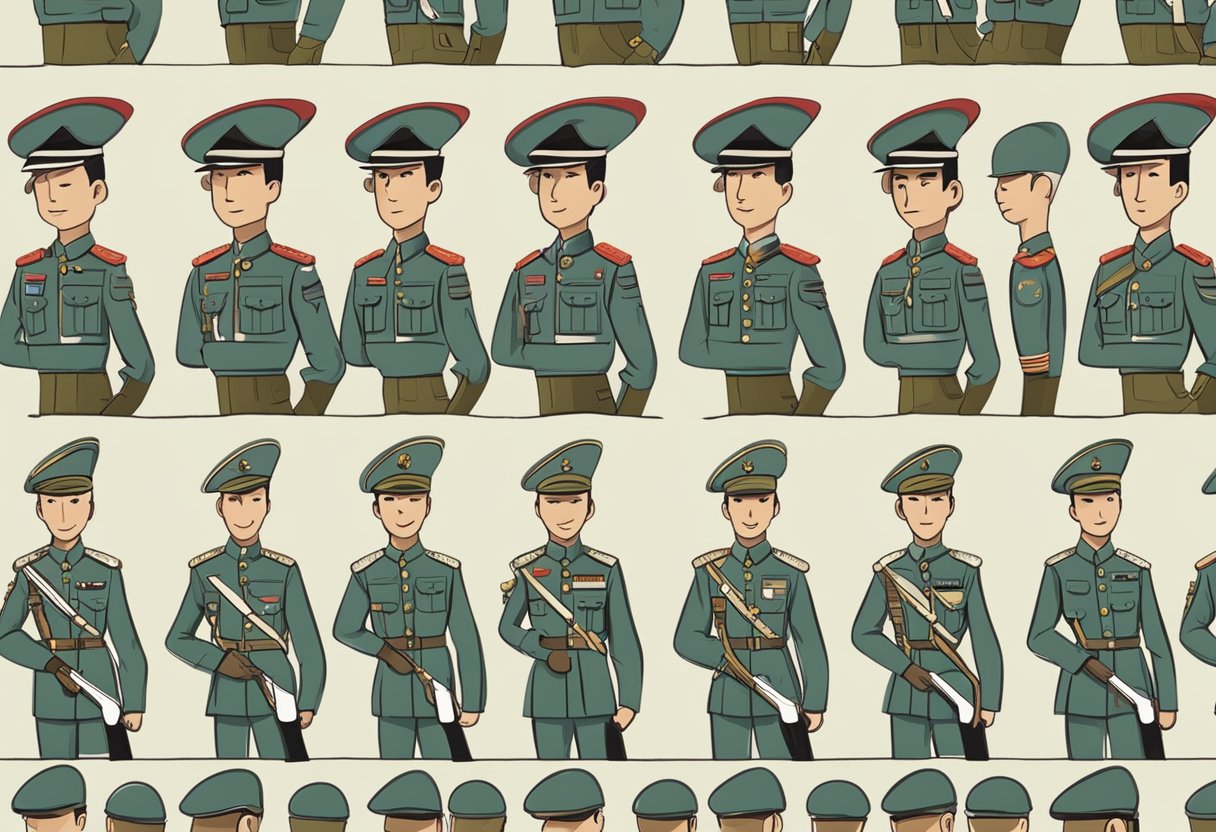 Soldiers in uniform stand in formation, displaying various army ranks in Singapore