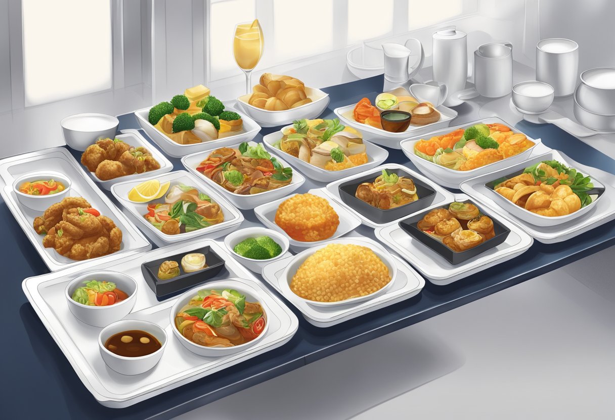 A tray of Singapore Airlines food with a colorful array of dishes, including Asian cuisine, neatly arranged on a clean, white table