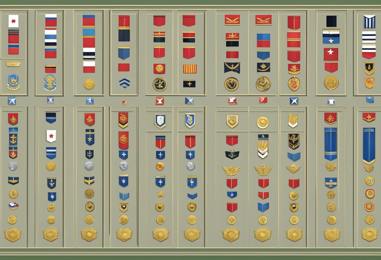 A row of military insignias and ranks displayed on a wall, with clear and distinct symbols representing the hierarchy of the Singapore army