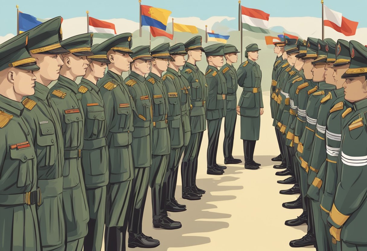 Soldiers in uniform stand in formation, progressing through ranks. Instructors oversee training exercises. Flags and insignias denote military hierarchy