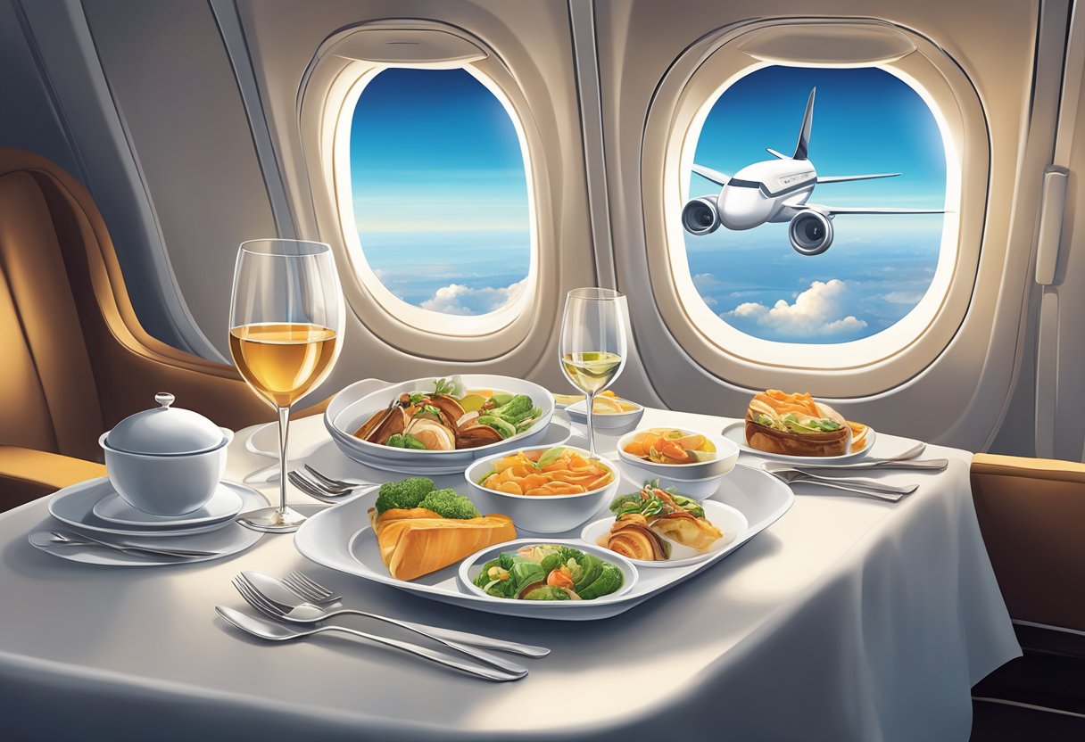 A table set with gourmet dishes, fine cutlery, and elegant glassware, all arranged on a sleek tray against the backdrop of a stunning aerial view from a window seat on a Singapore Airlines flight