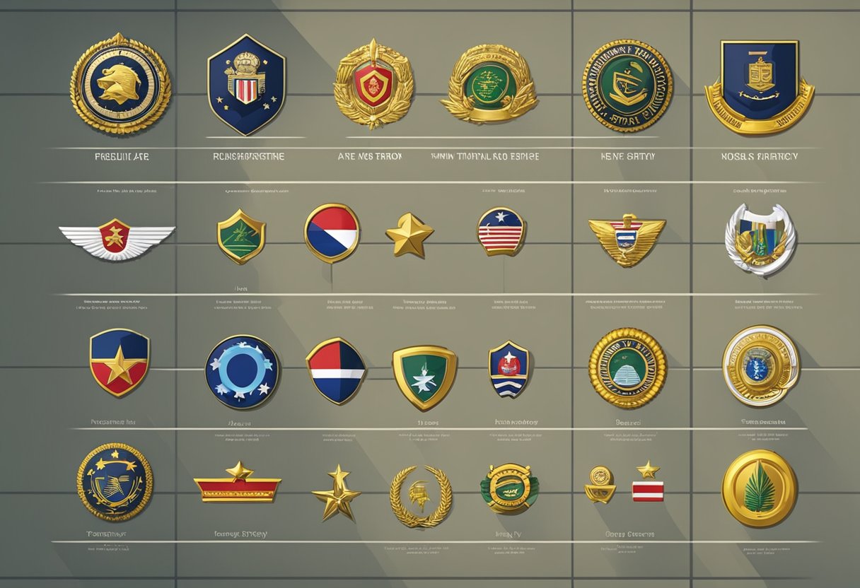 A row of military insignias displayed on a wall, with text "Frequently Asked Questions army ranks Singapore" below
