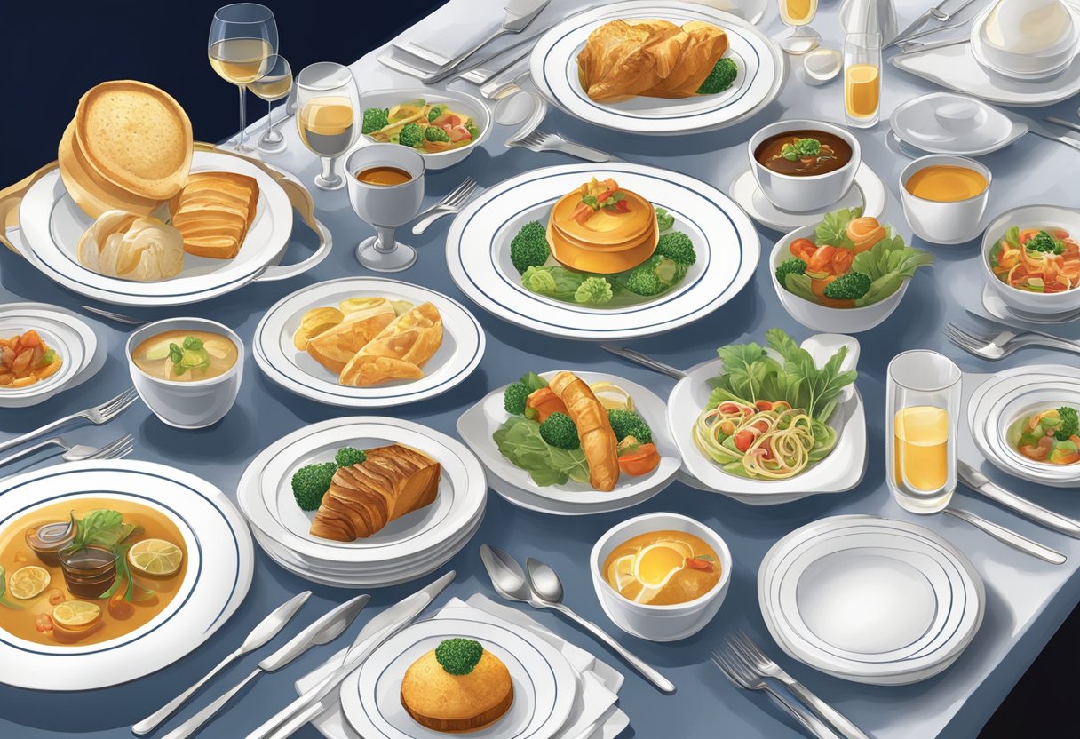 A table set with elegant dishes and cutlery, showcasing a variety of gourmet meals and drinks, with the Singapore Airlines logo displayed prominently