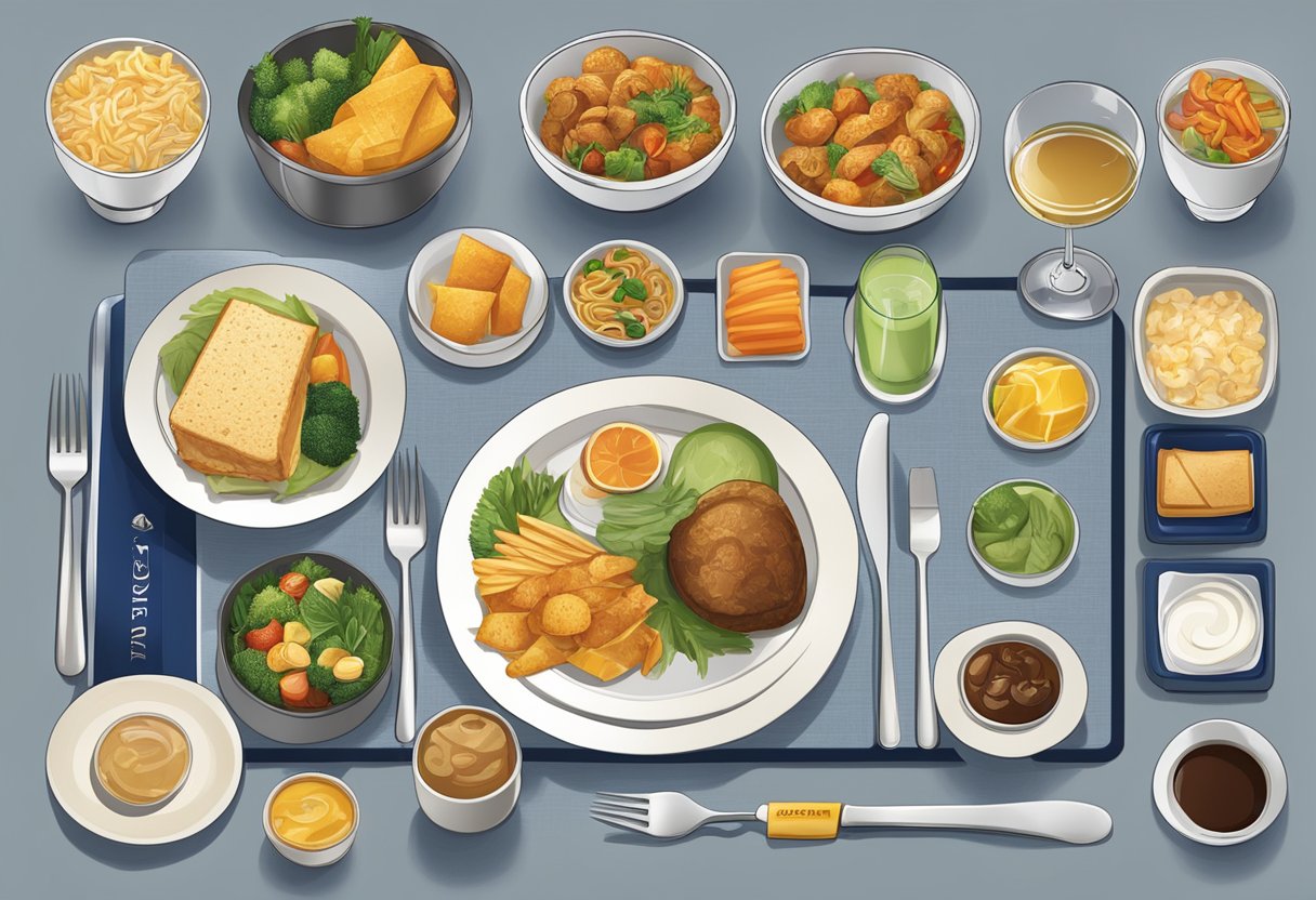 A table set with a variety of Singapore Airlines food items, including dishes, snacks, and beverages, with the "Frequently Asked Questions" logo displayed prominently