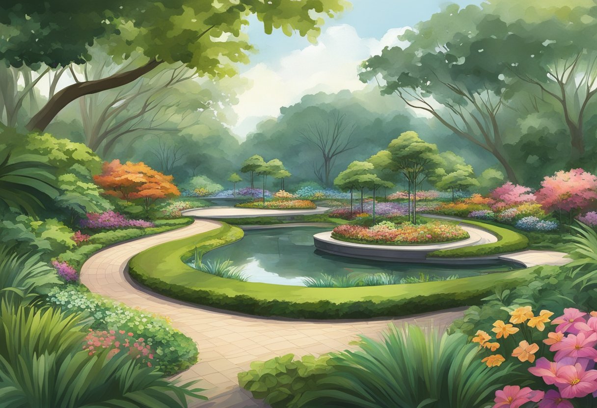 Lush greenery and colorful blooms fill the Singapore Botanic Gardens Gallop Extension, with winding paths and peaceful ponds creating a serene and picturesque landscape