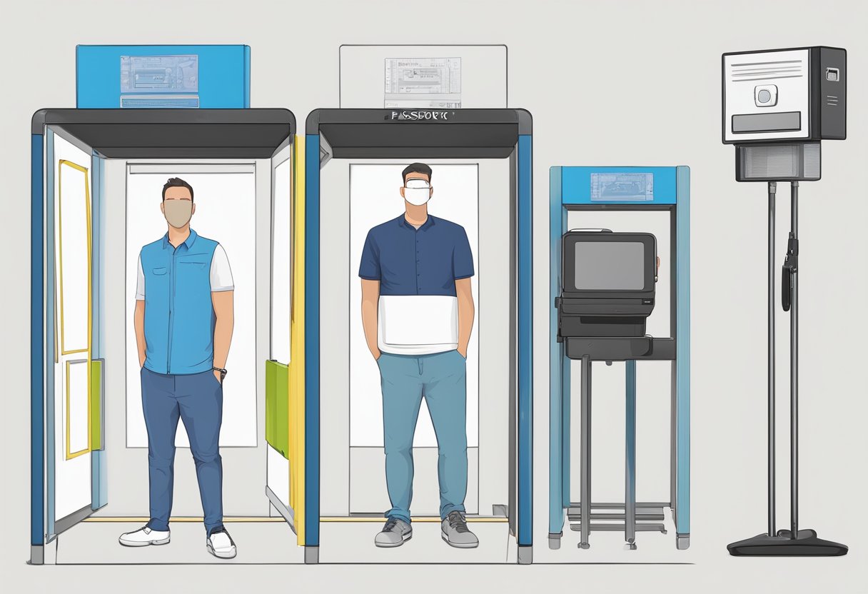 A passport photo booth with a white background, a camera, and a measurement guide for size and positioning