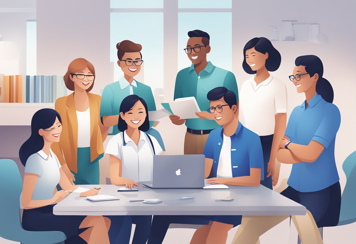 A diverse group of people are shown happily engaging with AXA Singapore's various services, including insurance, healthcare, and financial planning
