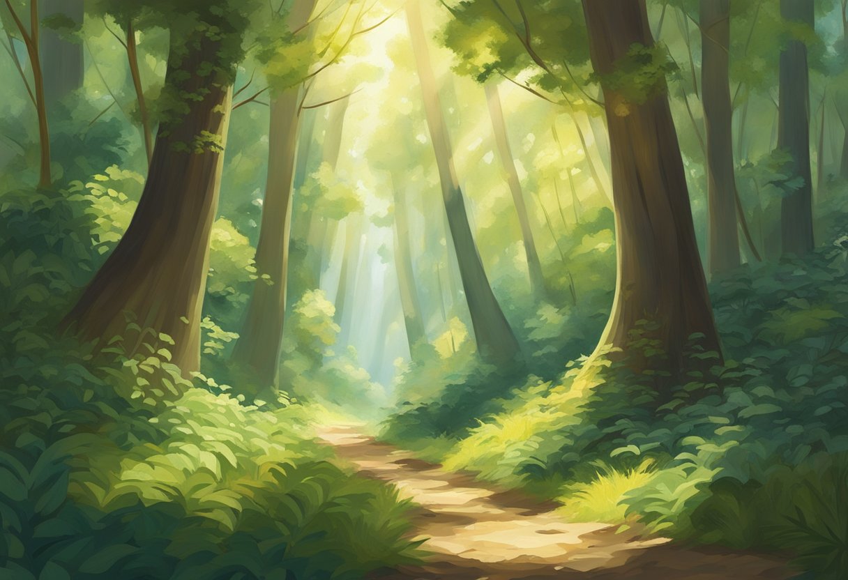 Sunlight filters through lush foliage, illuminating winding paths and vibrant flora. Tall trees tower overhead, casting dappled shadows on the forest floor. Birdsong fills the air, creating a serene and peaceful atmosphere