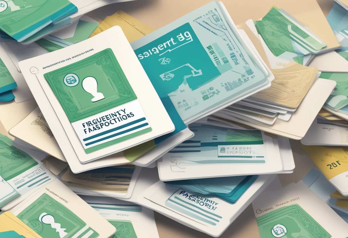 A stack of passport-sized photos with "Frequently Asked Questions" text above in a Singapore setting