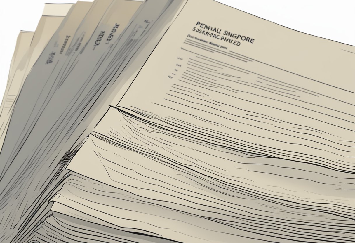 A stack of legal documents with "Penal Code Singapore" prominently displayed on the cover