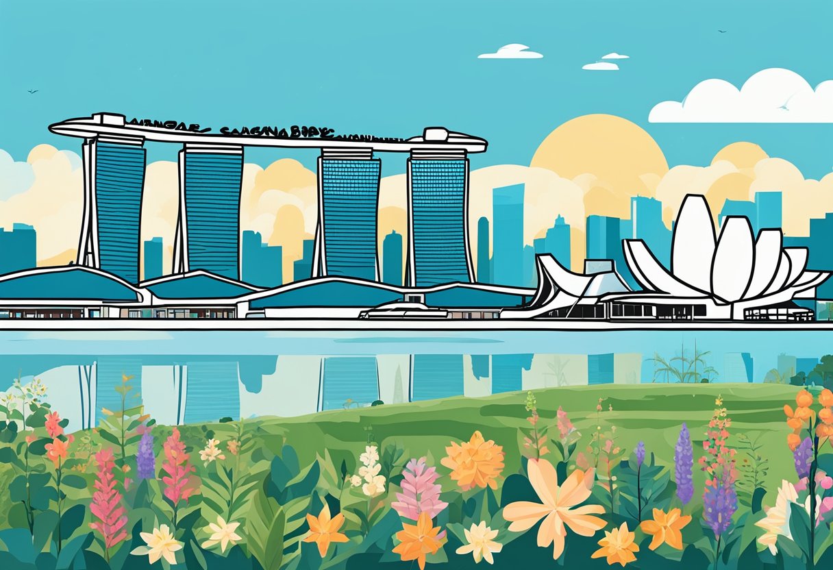 The Singapore skyline with iconic landmarks, like the Marina Bay Sands and the Gardens by the Bay, against a clear blue sky on a public holiday in 2025