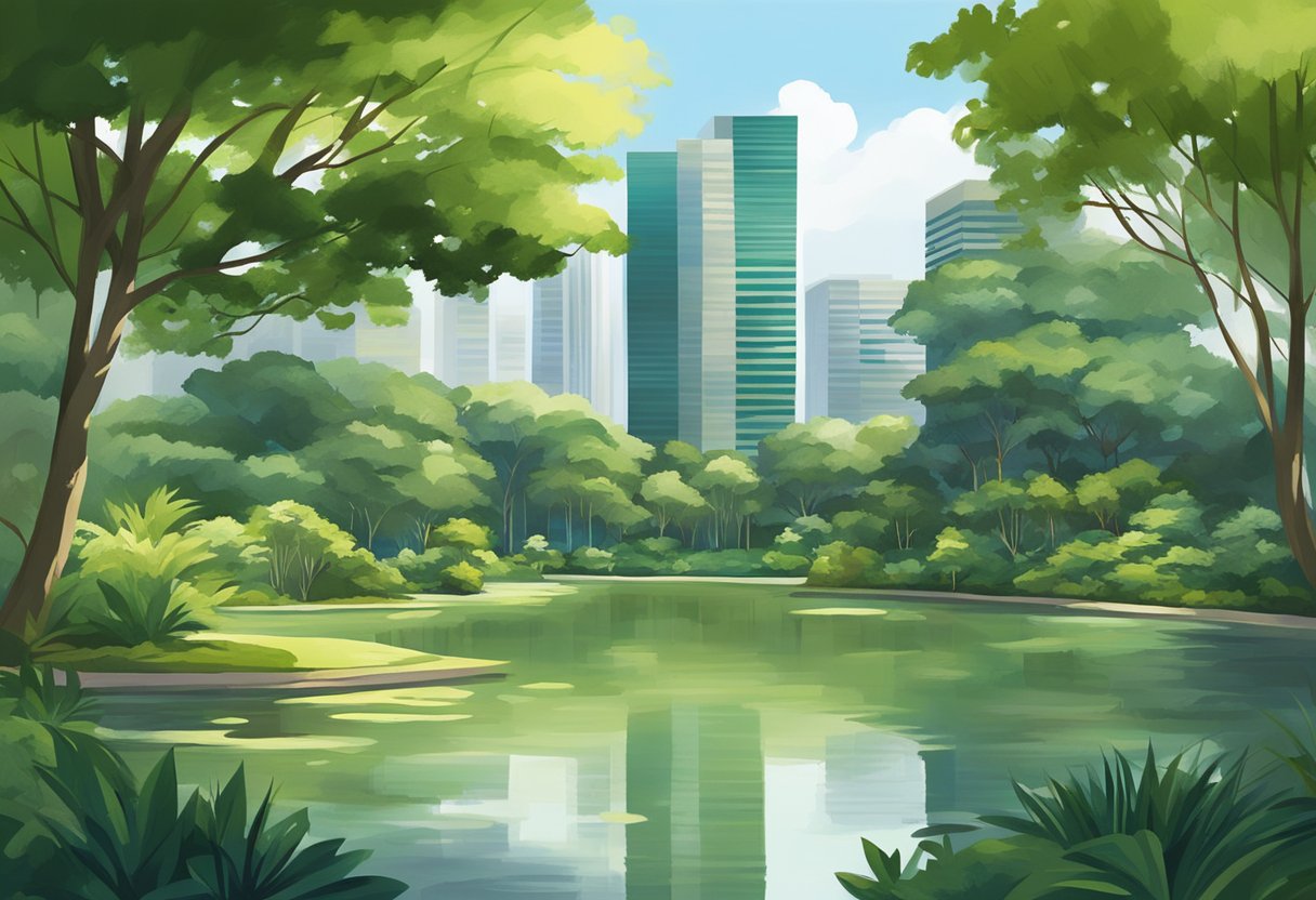 Lush greenery surrounds a tranquil pond in Park Royal Kitchener, Singapore. Tall buildings peek out from behind the trees, creating a harmonious blend of nature and urban architecture