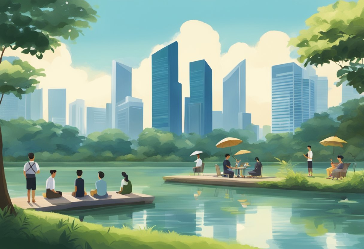 A group of people prawning at a serene and peaceful pond in Singapore, surrounded by lush greenery and the city skyline in the distance