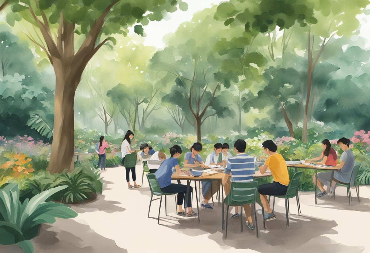 Lush greenery surrounds a group of students sketching and painting amidst the serene atmosphere of the Gardens Singapore Botanic Gardens Gallop Extension