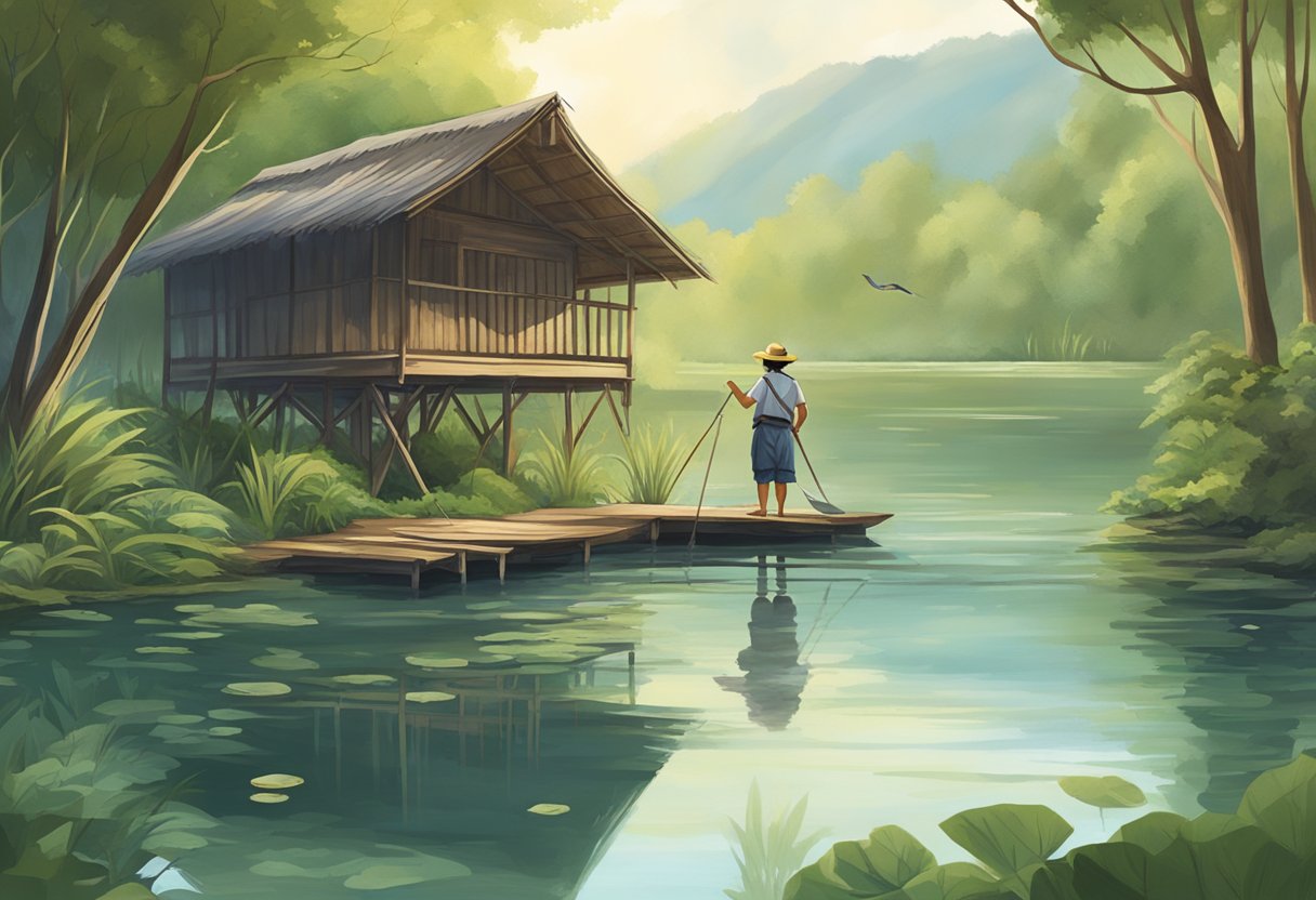 A person casts a net into a tranquil pond surrounded by lush greenery, with a rustic wooden prawning hut in the background
