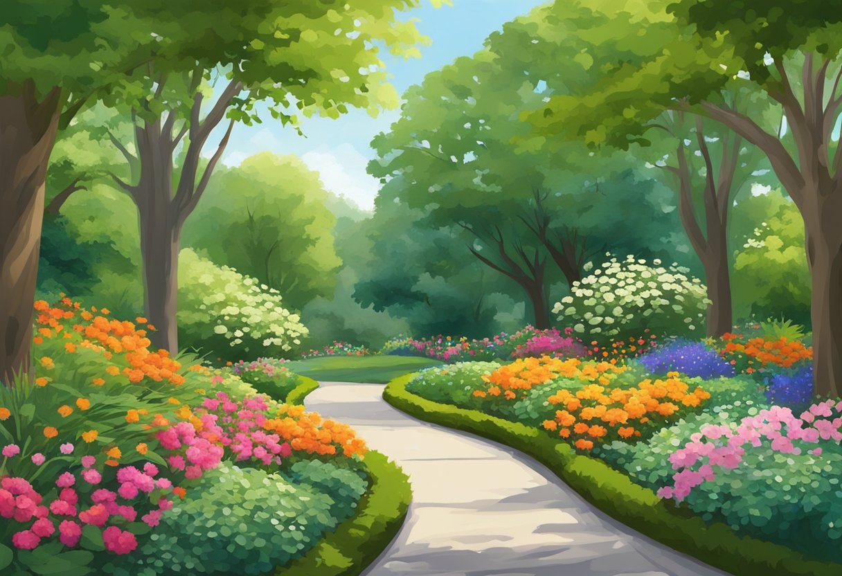 Lush greenery surrounds a winding path through Vicinity Park Royal Kitchener, with vibrant flowers and tall trees creating a peaceful, natural oasis