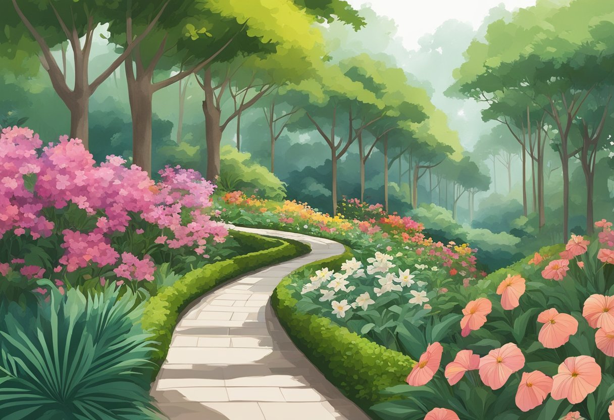 Lush greenery surrounds a winding path at Singapore Botanic Gardens Gallop Extension, with colorful flowers and tall trees