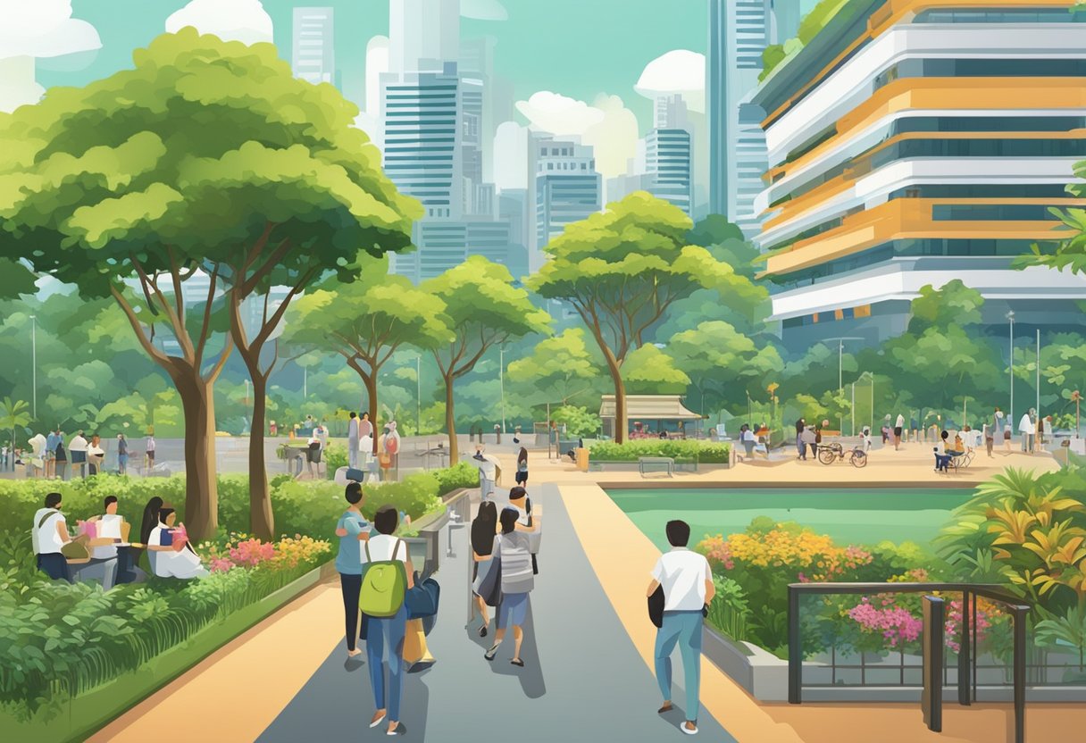 A bustling park with a prominent sign reading "Frequently Asked Questions" in the vibrant city of Singapore. Surrounding buildings and greenery add to the lively atmosphere