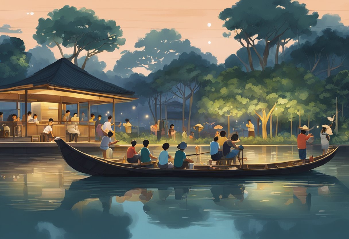 A group of people gather around a dimly lit prawning pond, casting their lines into the water as they eagerly wait for a bite. The sound of laughter and chatter fills the air as they enjoy the thrill of prawning in Singapore