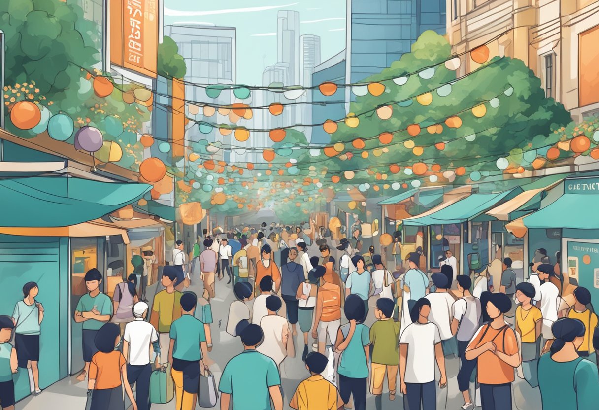 A crowded city street with festive decorations and people enjoying outdoor activities, with signs and banners displaying "Frequently Asked Questions: Singapore Public Holiday 2025."