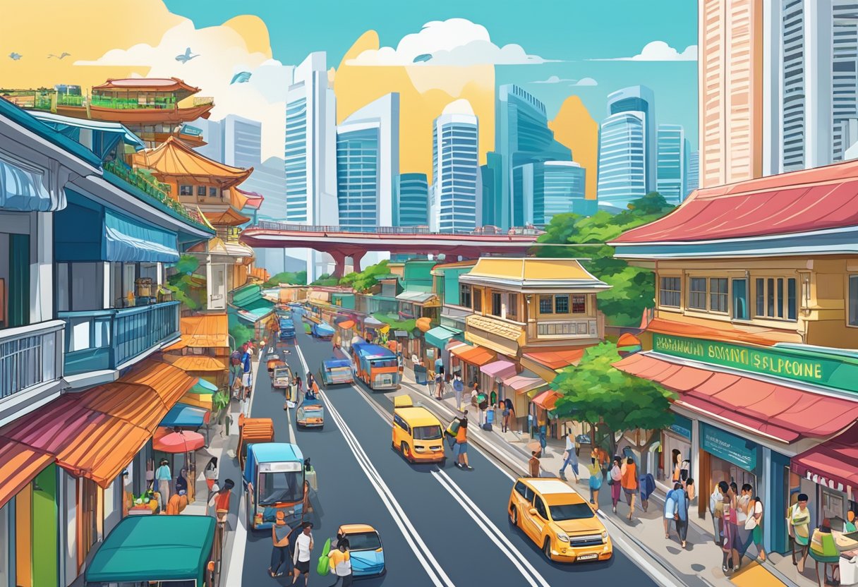 A bustling street in Singapore, with colorful shophouses, street vendors, and vibrant signs. The iconic Marina Bay Sands and the Singapore Flyer towering in the background