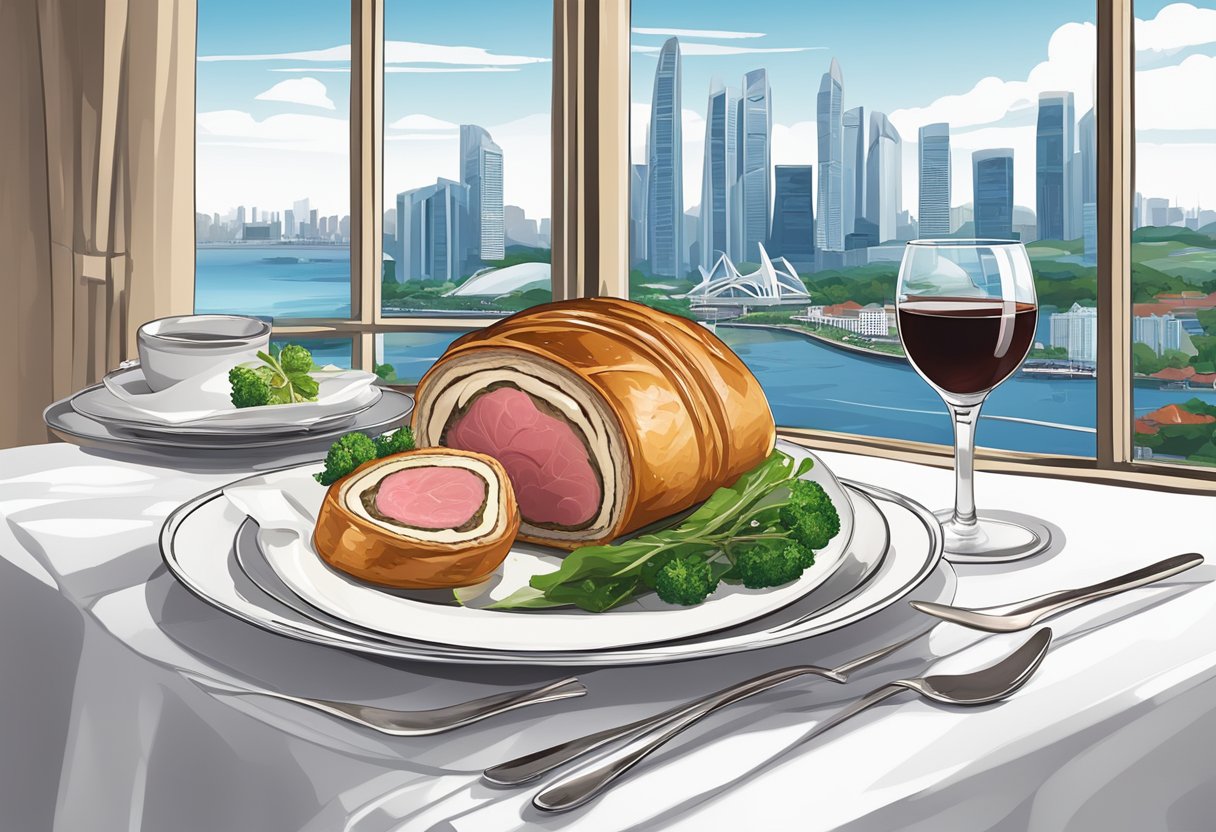A table set with a elegant place setting, a beautifully plated beef wellington, and a view of the Singapore skyline through a window