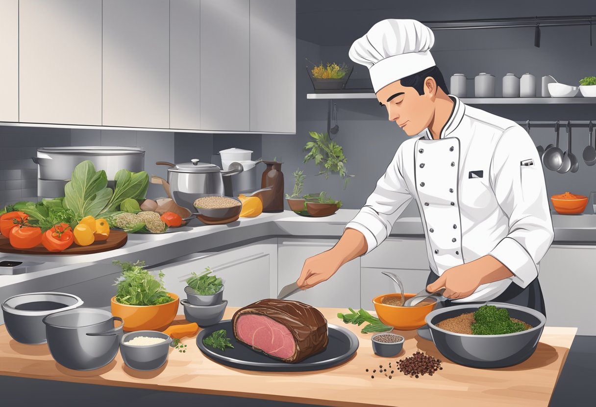 A chef prepares Beef Wellington in a modern kitchen in Singapore, surrounded by local spices and ingredients