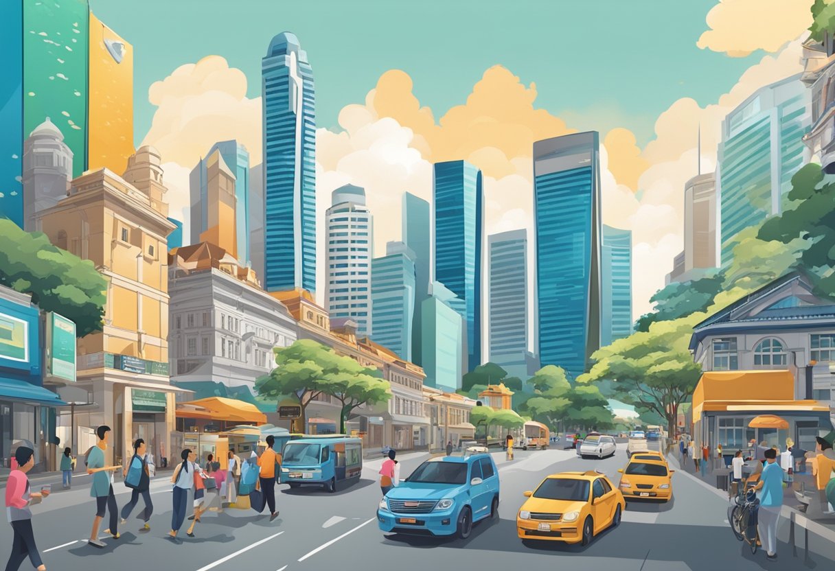 A bustling cityscape with iconic landmarks and vibrant street scenes in Singapore Edition