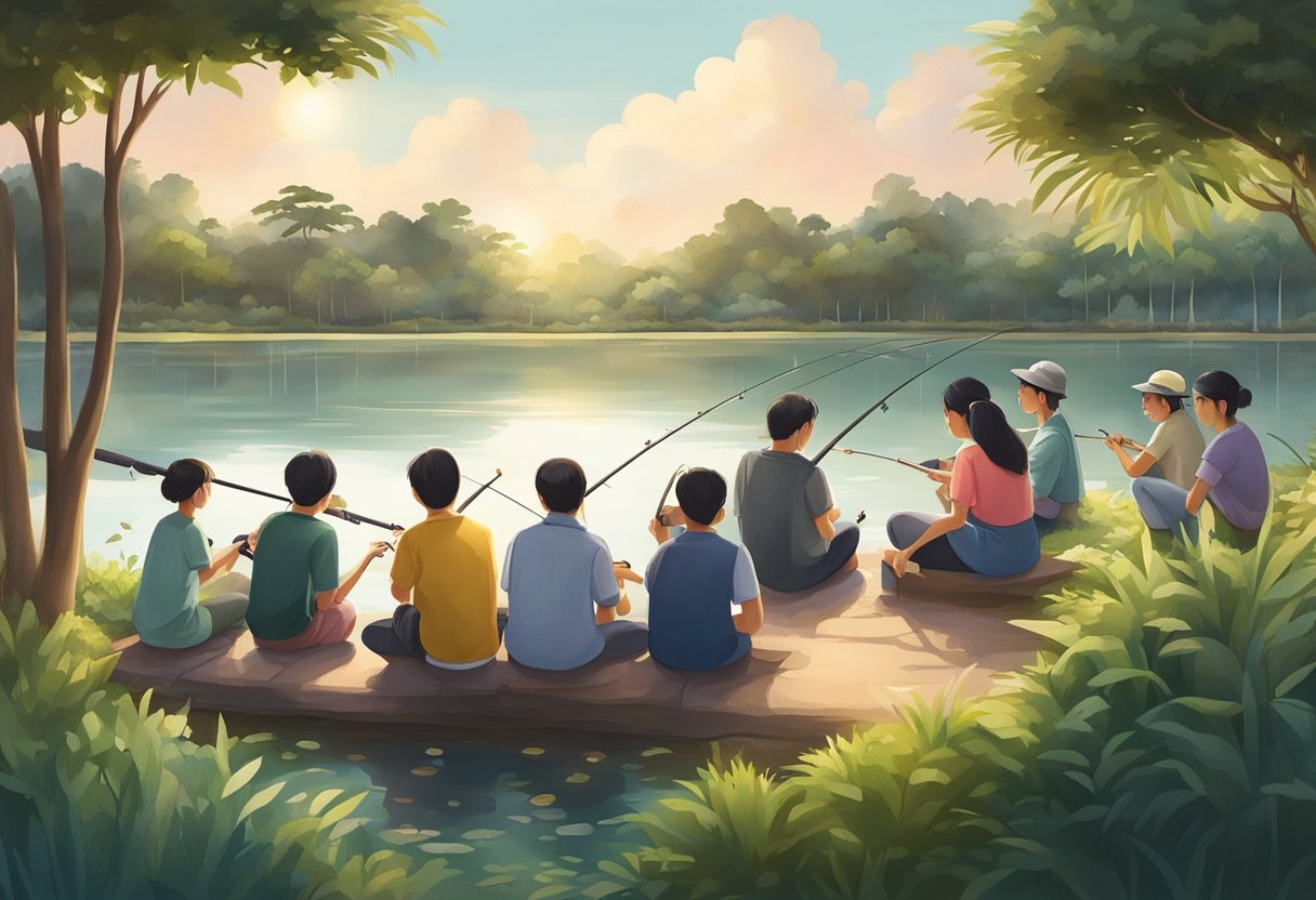 A group of people gather around a prawning pond in Singapore, holding fishing rods and eagerly waiting for a catch. The pond is surrounded by lush greenery and illuminated by soft evening light