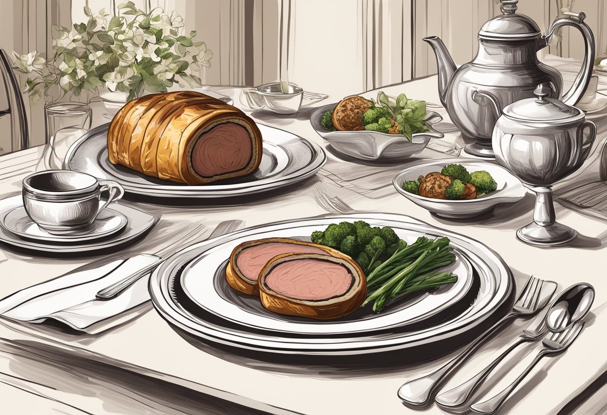 A table set with a perfectly cooked Beef Wellington surrounded by elegant dining ware and a warm, inviting ambiance