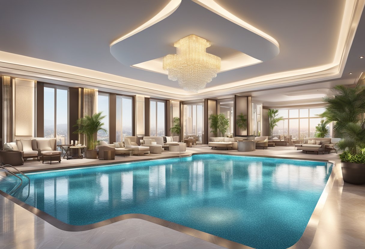 Luxury hotel lobby with marble floors, chandeliers, concierge desk, and plush seating. A spa with massage tables, jacuzzi, and sauna. Outdoor pool and rooftop bar with city views