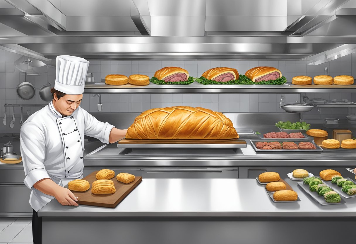 A chef expertly prepares a succulent Beef Wellington in a bustling Singapore kitchen. Ingredients are meticulously layered and wrapped in golden puff pastry