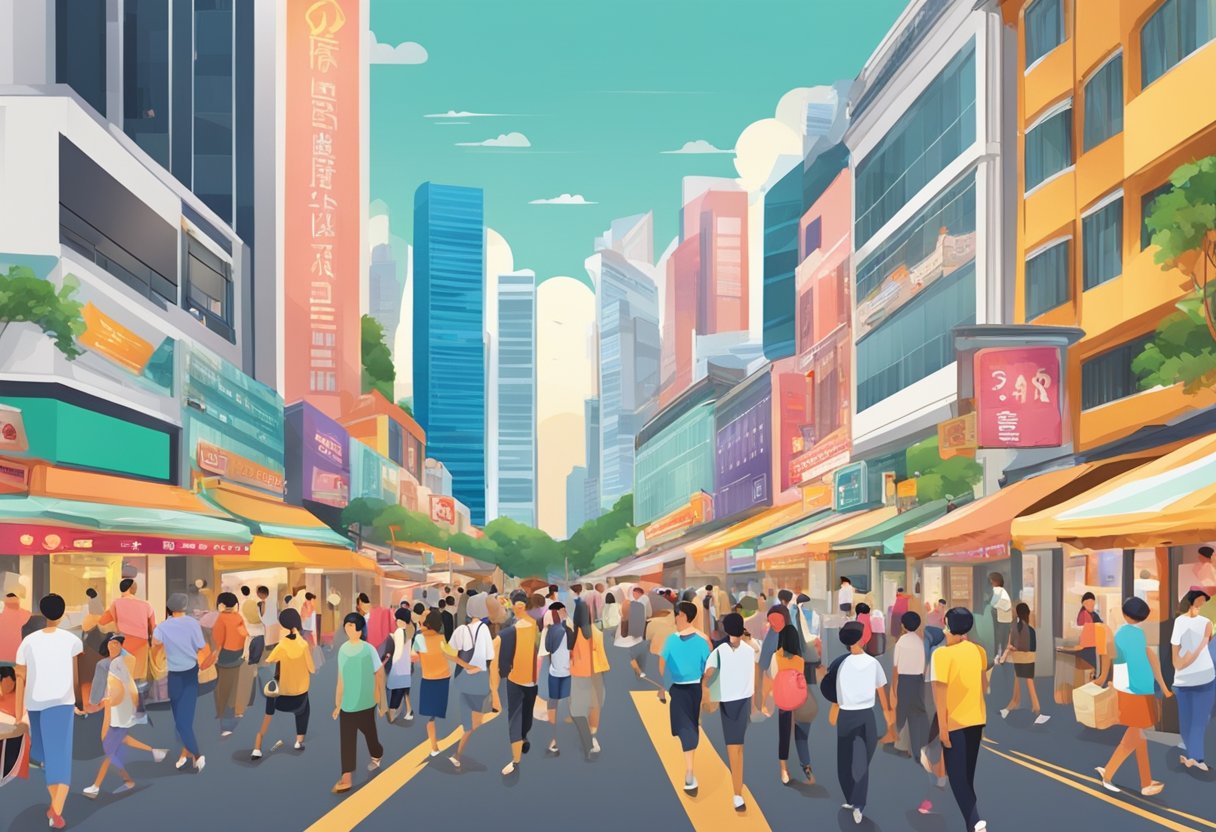 A bustling Singapore street with a diverse crowd, colorful signage, and iconic landmarks in the background