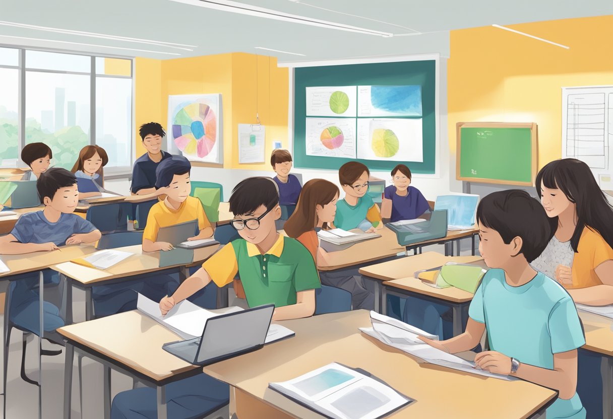 A group of students engage in a collaborative project, utilizing advanced technology and creative problem-solving in a modern, well-equipped classroom within the Singapore gifted program