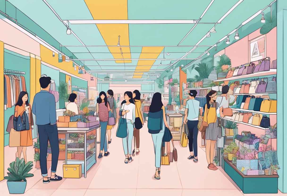 A bustling blogshop in Singapore, filled with colorful fashion items and trendy accessories, with customers browsing and chatting with the friendly staff