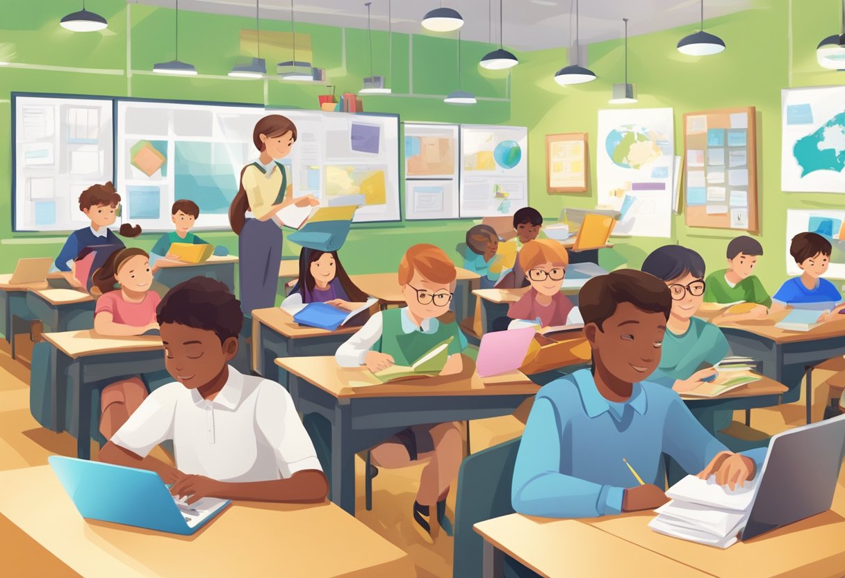 A classroom filled with young students engaged in advanced learning activities, surrounded by educational materials and technology