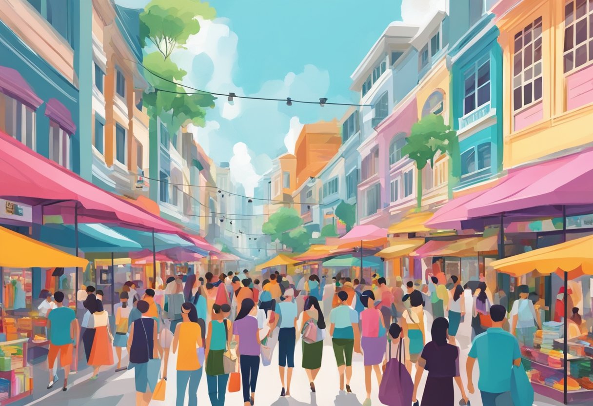 A bustling street in Singapore, with colorful storefronts displaying trendy fashion items. Shoppers browse through racks of clothes and accessories, while a vibrant energy fills the air